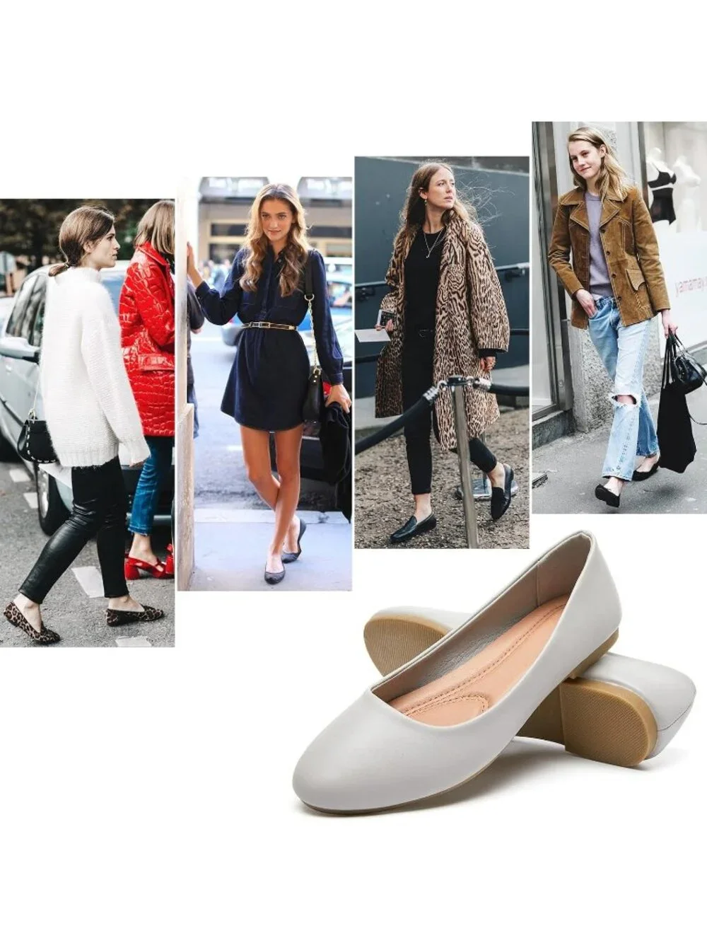 Womens Light Grey PU Leather Closed Toe Comfortable Flexible Slip On Ballet Flat